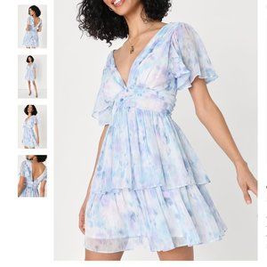 Sunny Evenings Blue Multi Lurex Flutter Sleeve Mini Dress Size S